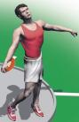 A discus thrower on the point of release