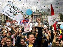Crowds in London celebrate hosting the Olympics